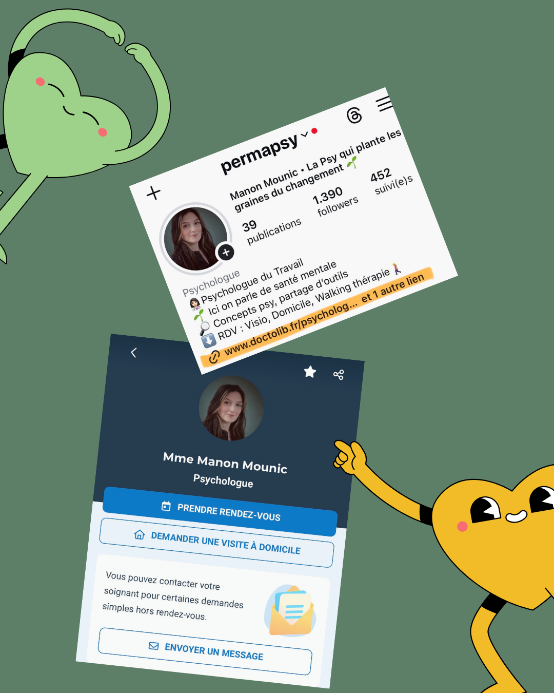 Capture d'écran d'un profil Instagram et d'une fiche de contact d'une psychologue nommée Mme Manon Mounic, avec une illustration de personnage jaune souriant, placé à côté de l'écran.