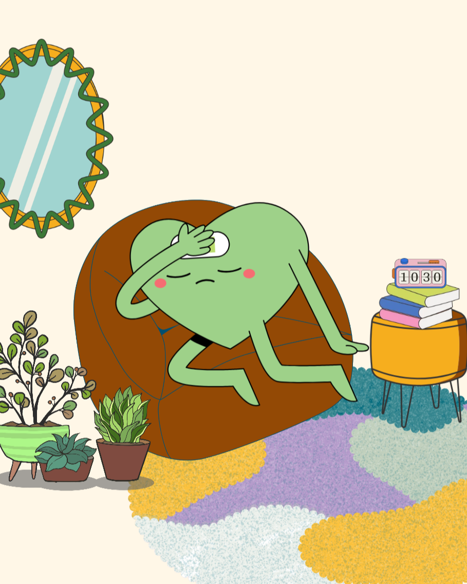 Un personnage de dessin animé vert allongé sur un canapé, l'air fatigué ou malades, avec une main sur le front, dans une pièce avec un miroir, des plantes, une table avec des livres, un réveil indiquant 10:30 et un tapis coloré.