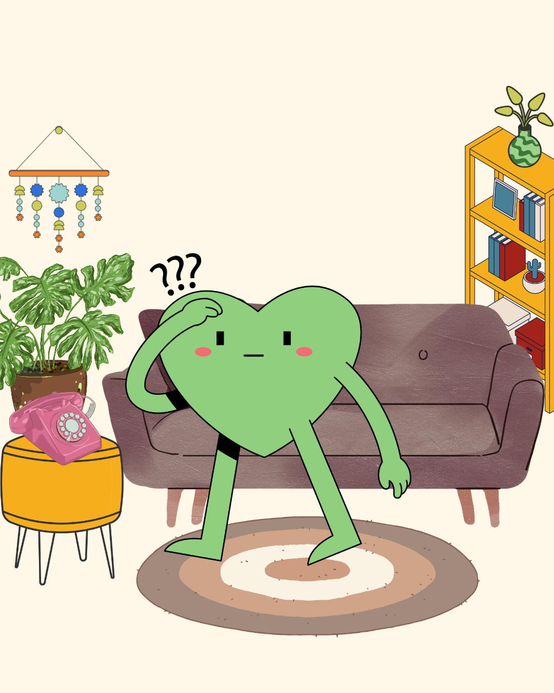 Un personnage en forme de cœur vert dans un salon, qui semble perplexe, avec un tapis beige et une bibliothèque en arrière-plan.