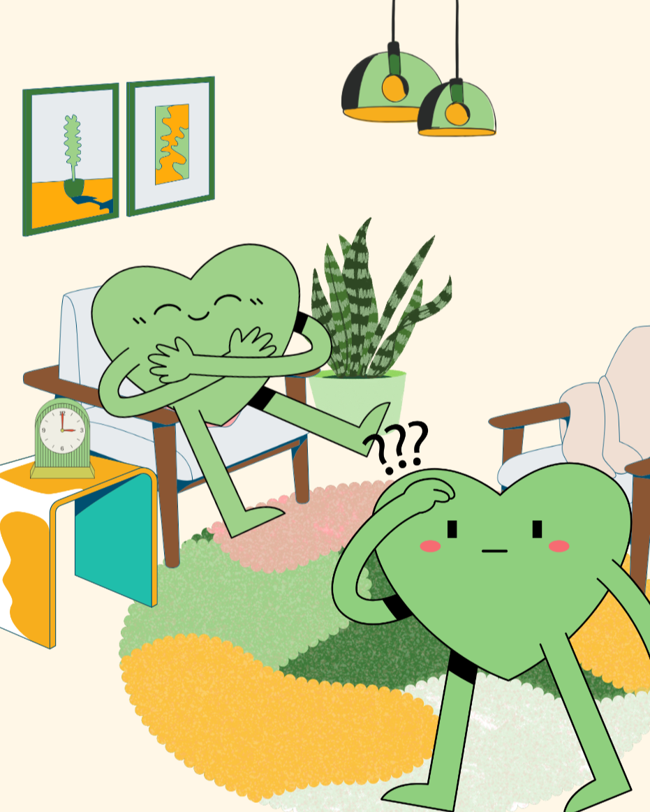 Deux cœurs anthropomorphes verts dans un salon, l'un souriant avec un ballon de cœur et l'autre semblant confus, entourés de meubles, peintures, une plante, et une horloge.