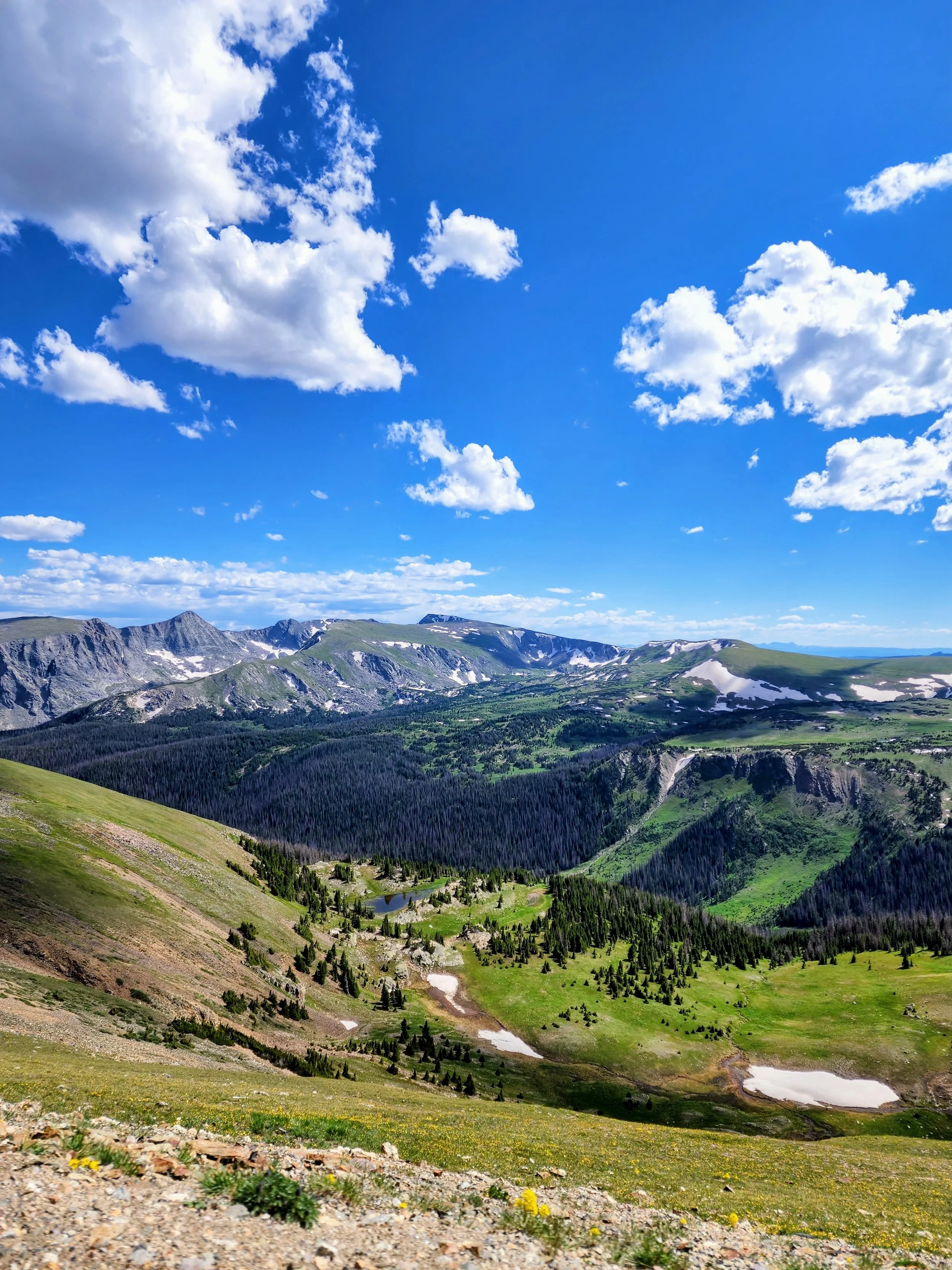 A scenic Colorado mountain landscape with green grassy hills, patches of snow, densely forested valleys, distant mountain peaks, and a bright blue sky with scattered white clouds.