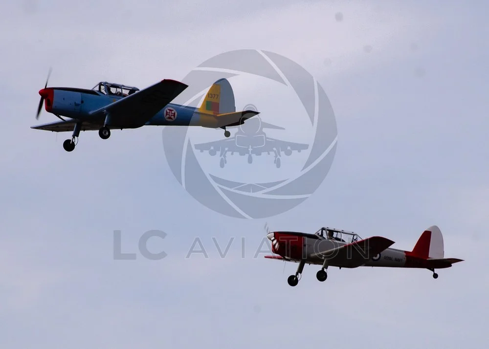 2 x DHC Chipmunk, WK608 Owned by Navy Wings, and Privately Owned 1377 'G-BARS', Painted in Retro Portugese Livery - Both Departing RWY 26 RNAS Yeovilton as a 2 Ship.