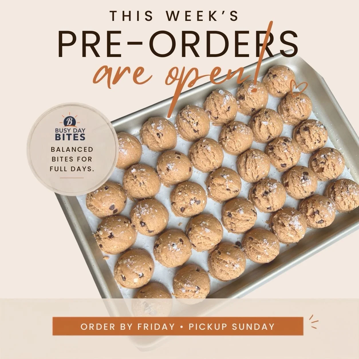 🎉 Pre-orders are officially OPEN! 🤍

If you&rsquo;ve been meaning to try Busy Day Bites&mdash;or you&rsquo;re ready to restock your fridge&mdash;now&rsquo;s the time!

Reserve your order by Friday for pickup next week.

Stock your fridge with a hea