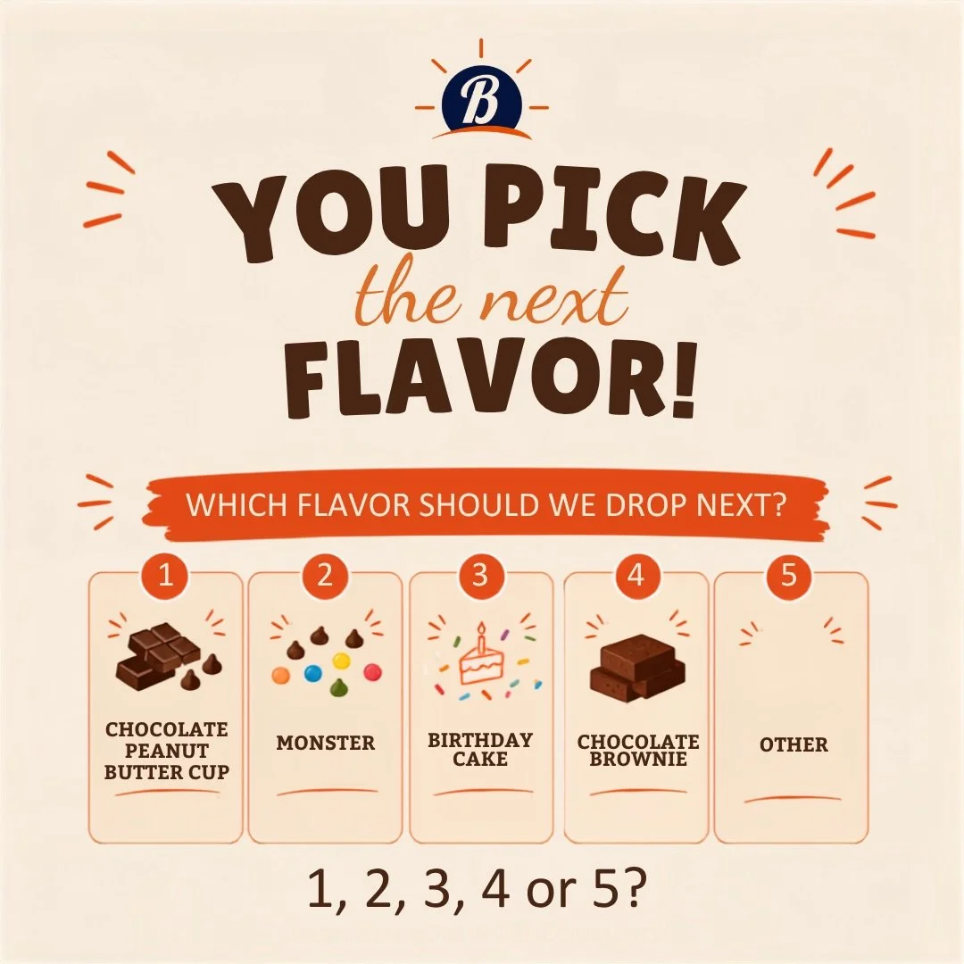 ✨ YOU PICK THE NEXT FLAVOR! ✨

I&rsquo;ve been busy testing new flavors for Busy Day Bites, but I want YOU to help decide what comes next! 👀

Which one would you be most excited to order?

🥜🍫 #1 Chocolate Peanut Butter Cup
🍪 #2 Monster
🎂 #3 Birt