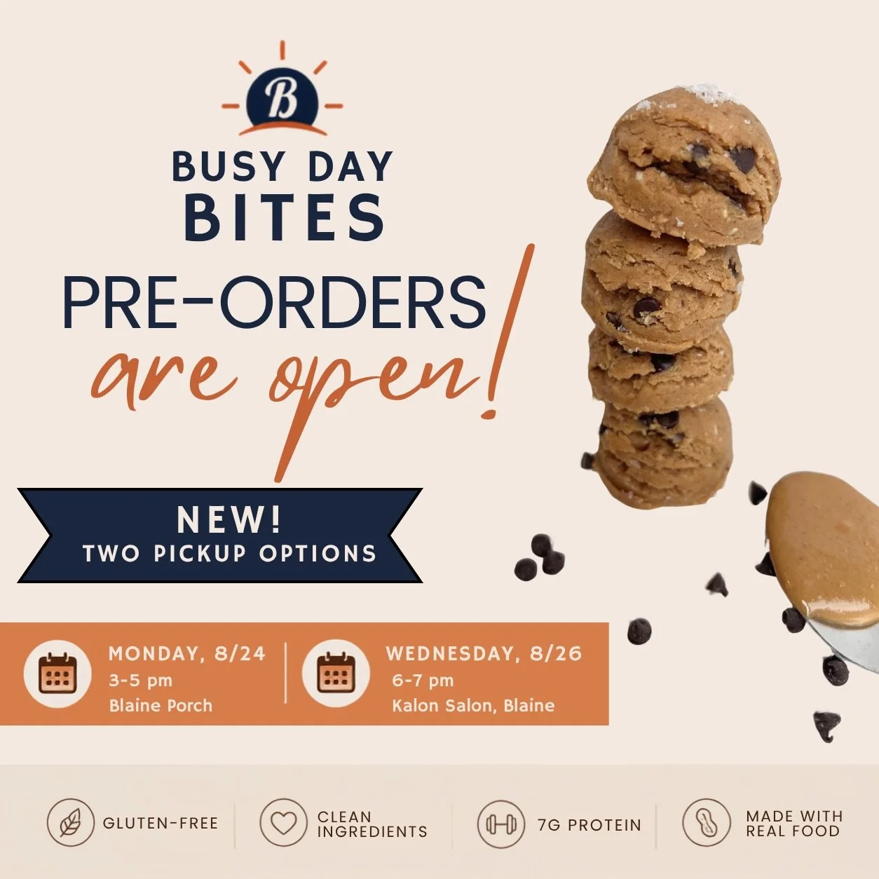 Pre-orders are OPEN! 🧡

This week I&rsquo;m trying something new &mdash; two pickup options to make getting your Busy Day Bites even easier!

🏡 MONDAY, 8/24 | 3&ndash;5 PM
Porch pickup in Blaine

✨ WEDNESDAY, 8/26 | 6&ndash;7 PM
Pickup @kalonsalon 