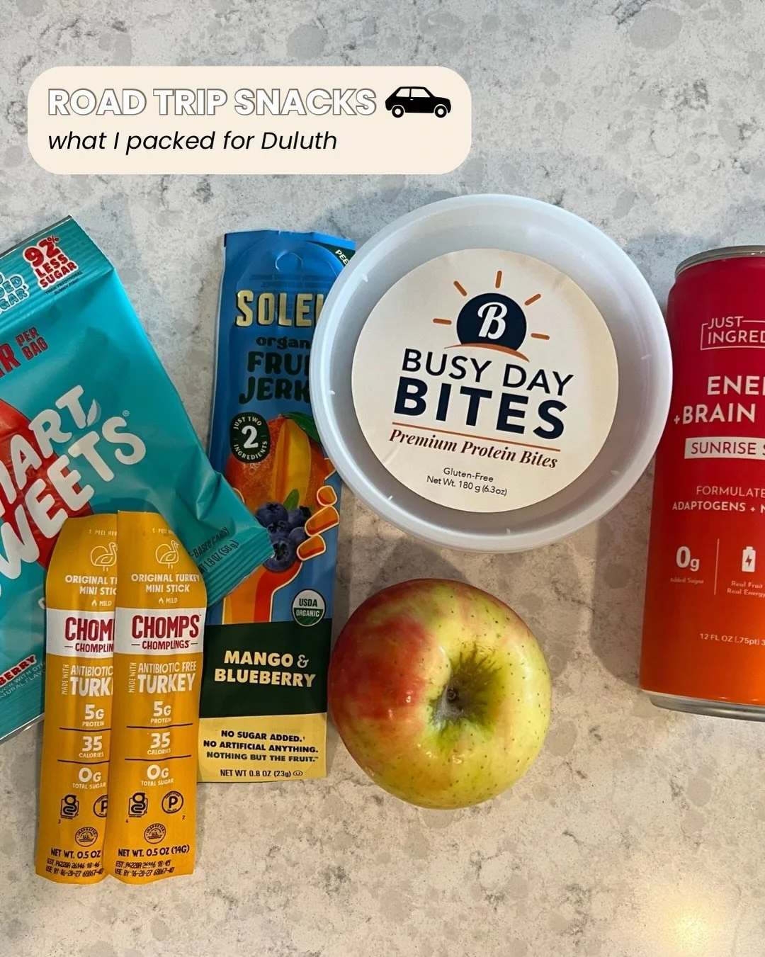 Road trip snacks are serious business around here. 😂

We headed to Duluth last week and this was the snack stash I packed for the drive. I always try to bring a mix of things that are easy to grab, have some protein and will actually keep me satisfi