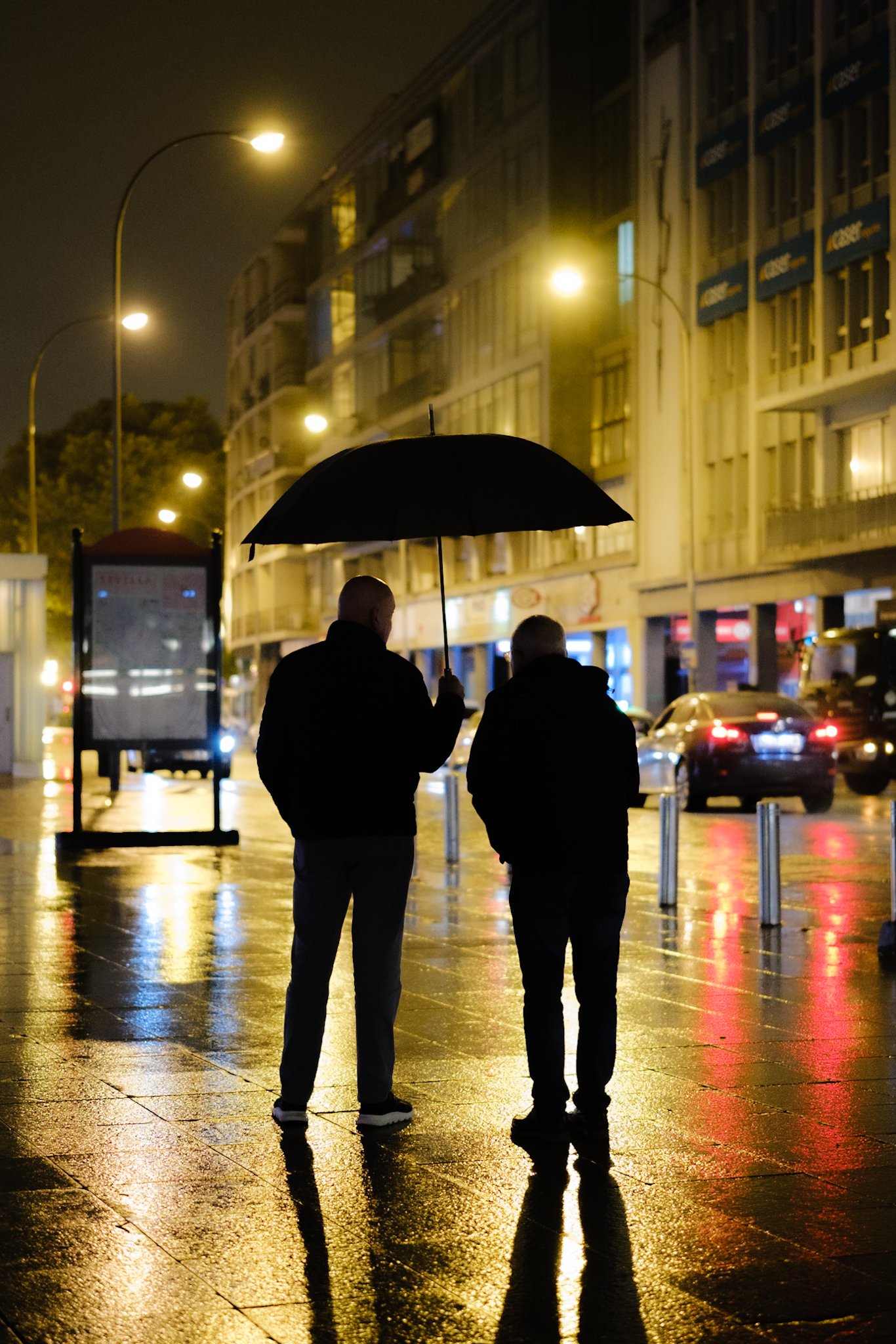Two people stand under an umbrella on a wet city street at night, with streetlights and buildings reflecting on the pavement.