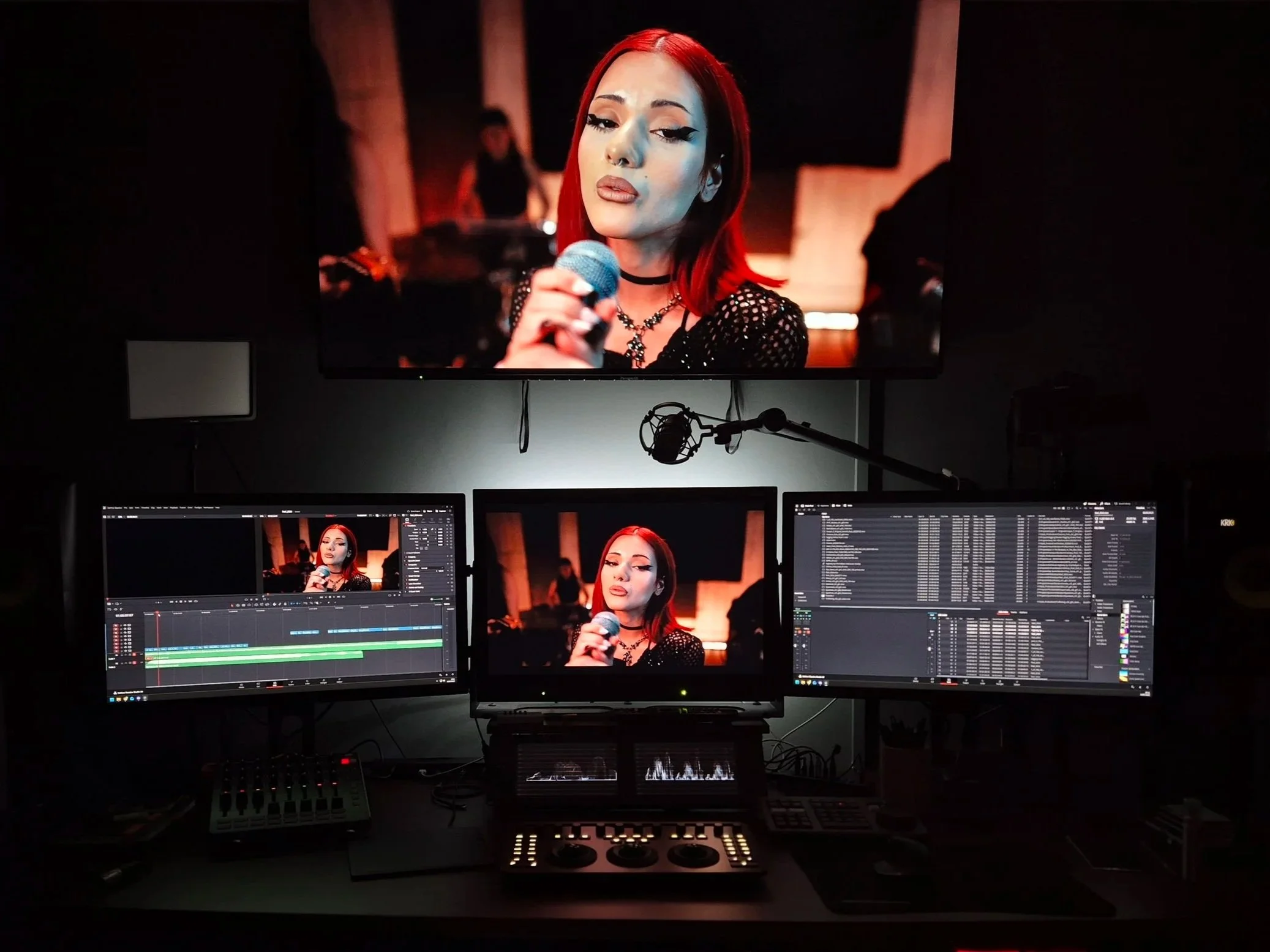 Multiple computer monitors display a woman singing into a microphone, with a colour grading suite studio setup.
