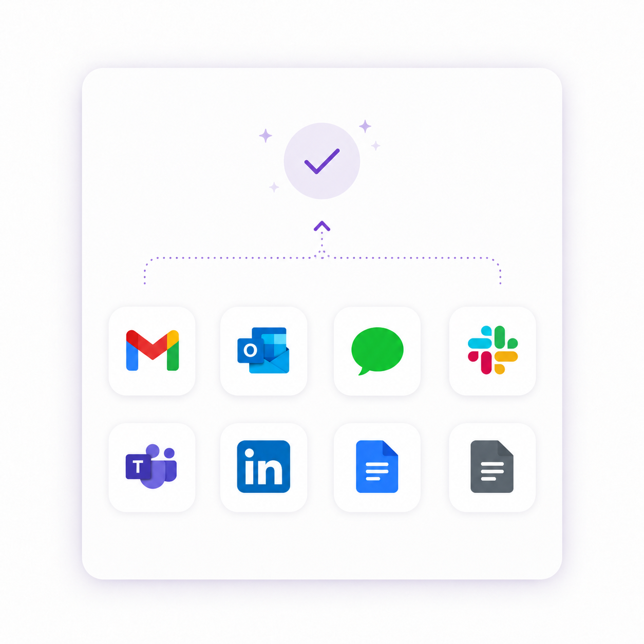 A digital illustration showing a checkmark at the top with a dotted arrow pointing down to various social and messaging app icons, including Gmail, Outlook, Messages, Slack, Microsoft Teams, LinkedIn, Google Docs, and Google Drive.