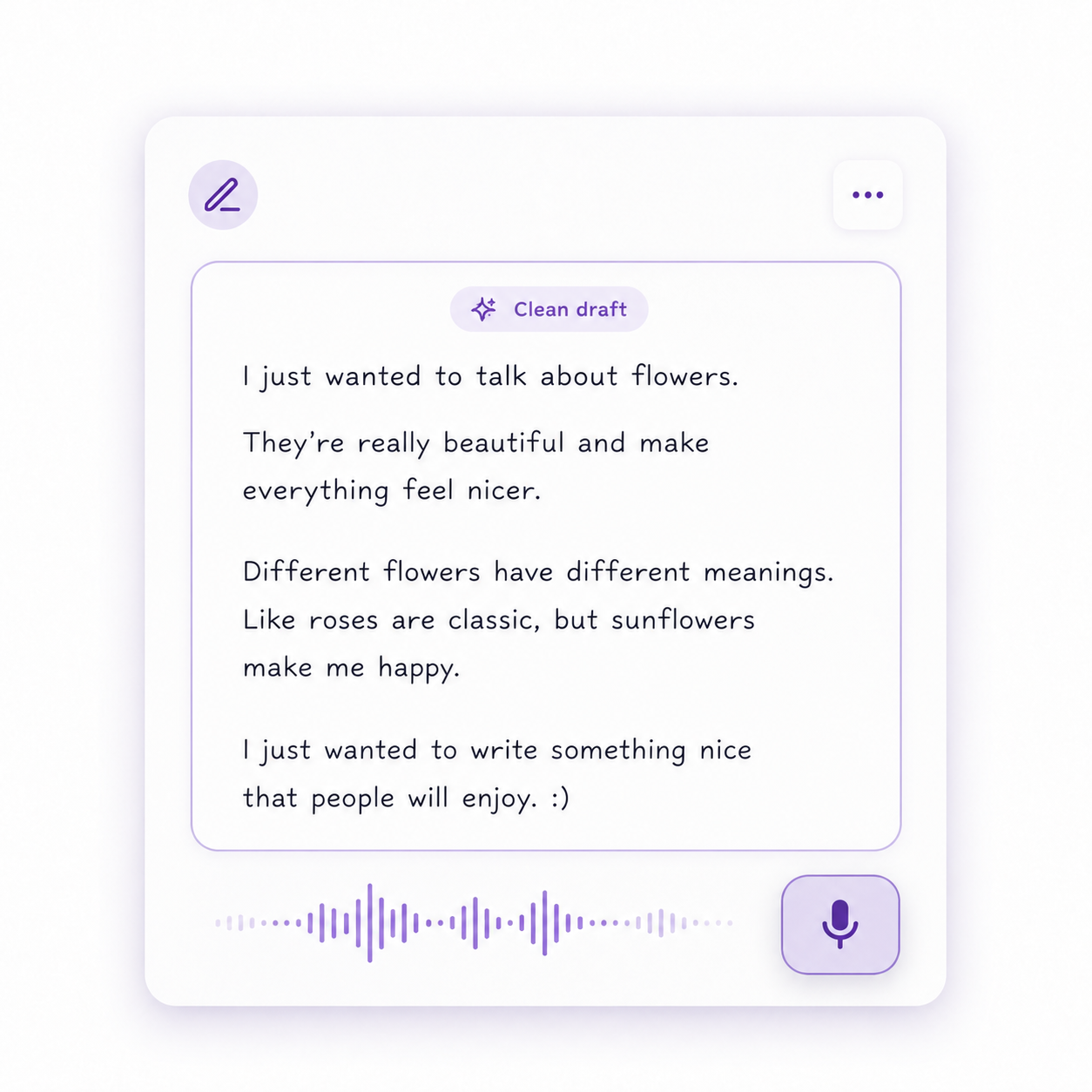 A digital note-taking app screen with a voice recording and a handwritten note about flowers, mentioning their beauty and symbolism, with a white background and purple accents.
