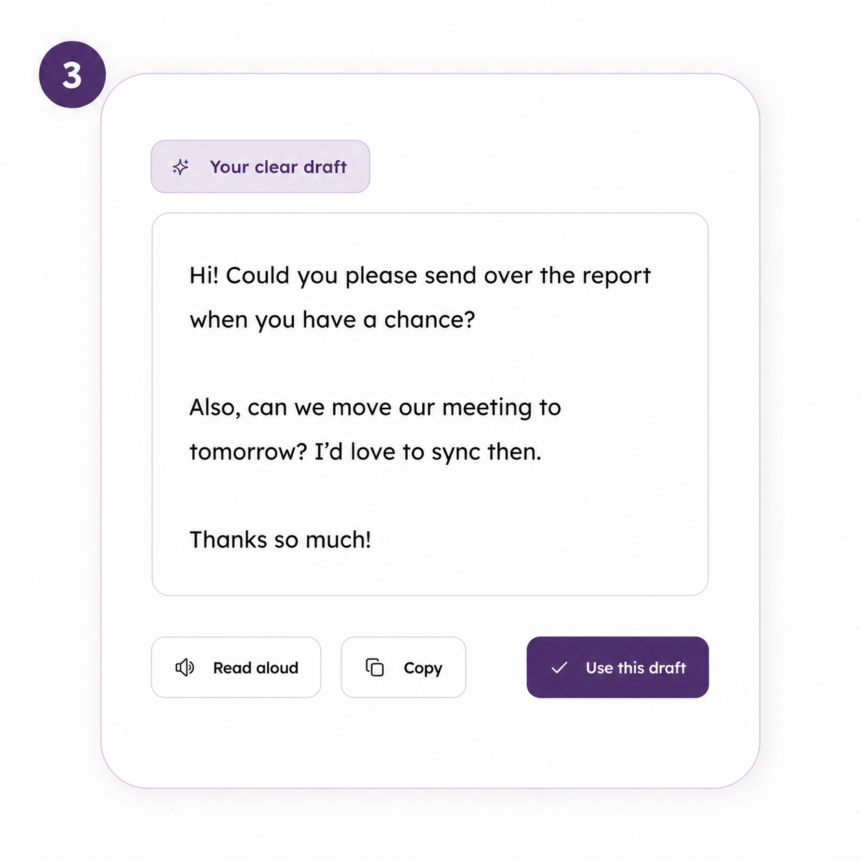 Screenshot of a chat draft message requesting a report and scheduling a meeting, with options to read aloud, copy, or use the draft.