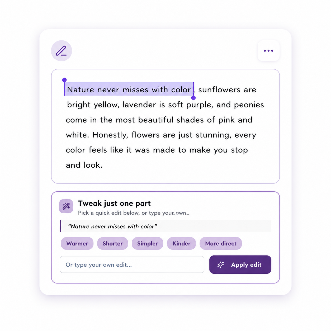 Screenshot of a text editing interface with a quote about nature and color, and options to tweak the quote's appearance with buttons labeled Warmer, Shorter, Simpler, Kinder, and More direct.