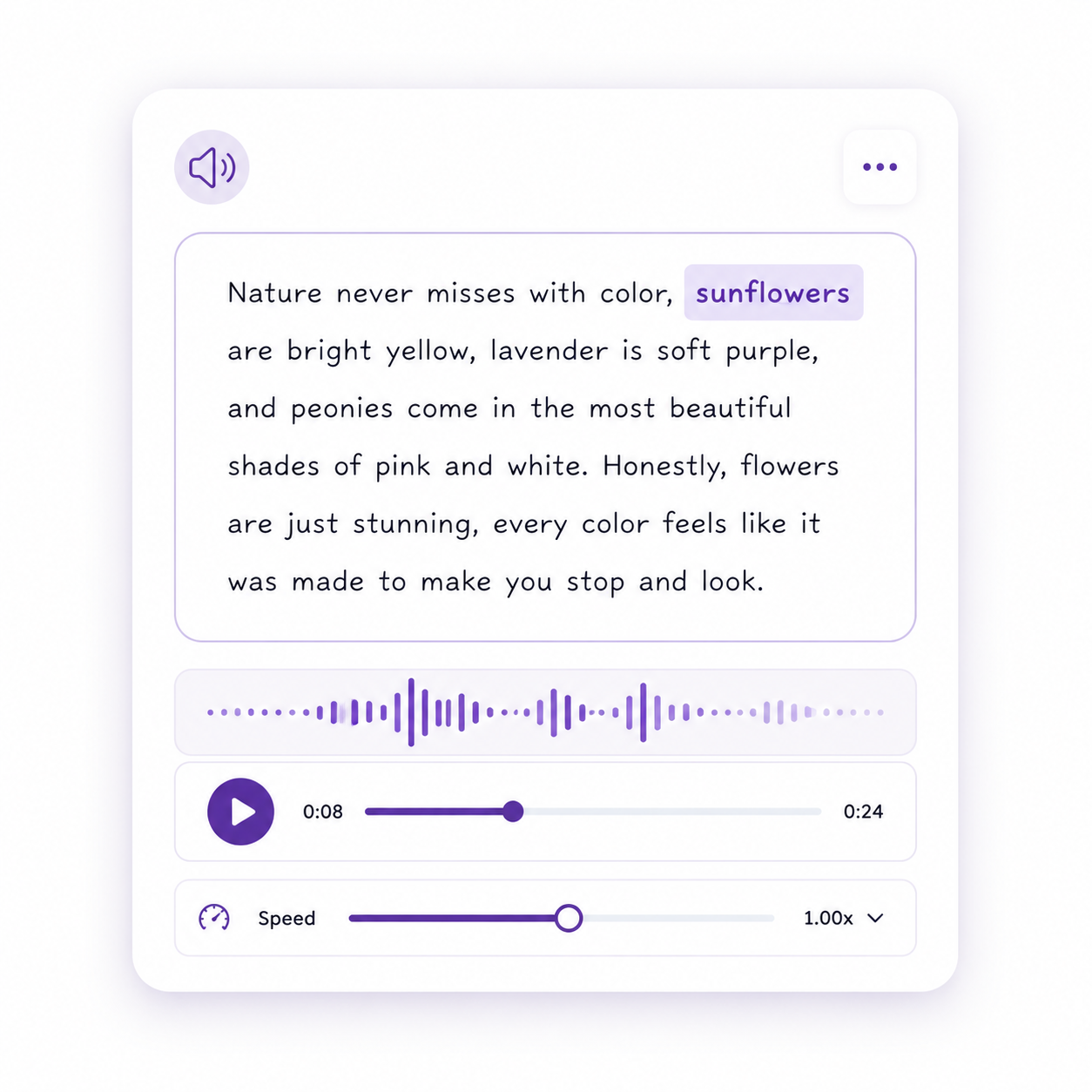 A digital audio recording app featuring a poem about flowers, with a purple sound wave visualization, play button, and speed control.