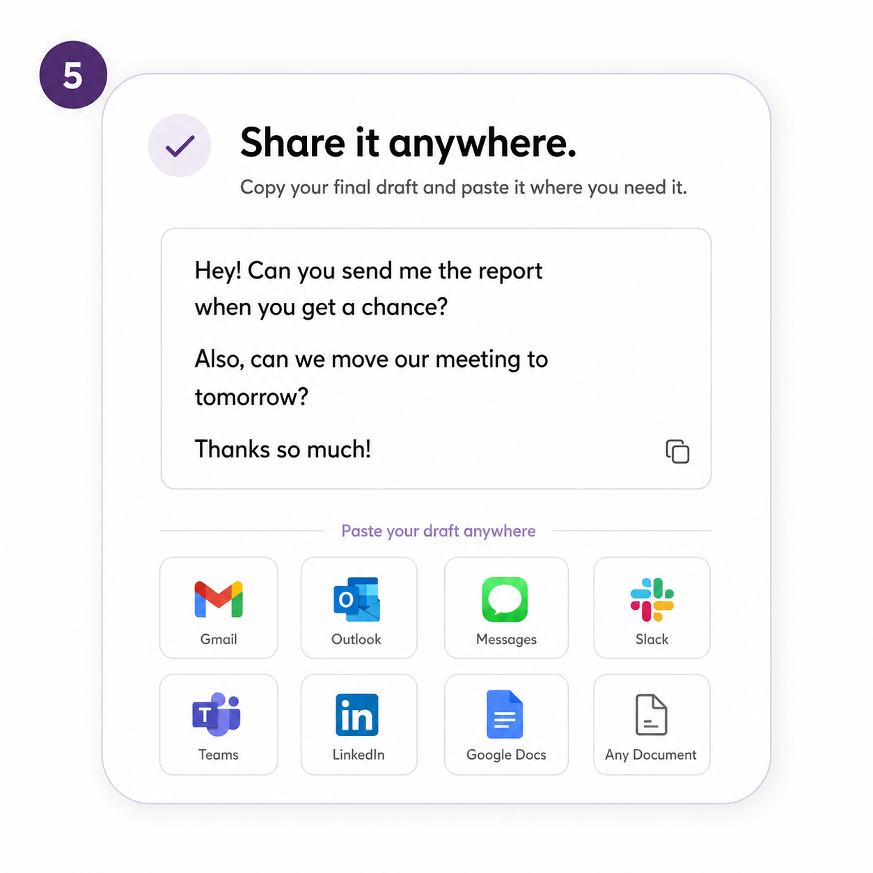 A digital interface displaying a message about sharing a draft via various apps. The message reads: "Share it anywhere. Copy your final draft and paste it where you need it," with suggested options like Gmail, Outlook, Messages, Slack, Teams, LinkedIn, Google Docs, and an option for any document