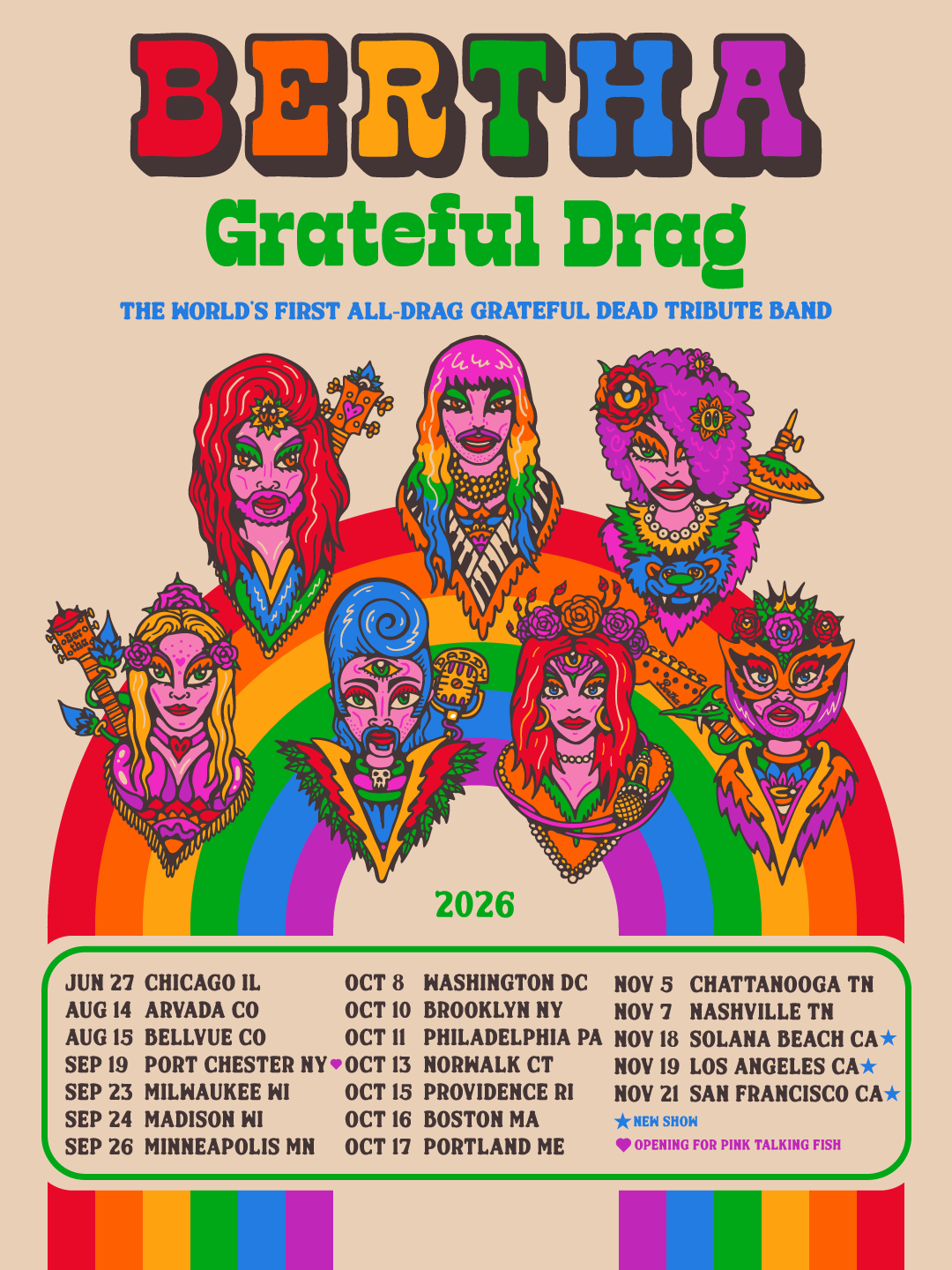 BERTHA's Summer/Fall 2026 admat. The art was made by an external artist, and I edited layout and details in Photoshop. Many variations of this admat were created to accommodate for new shows being announced, as well as removing past shows.