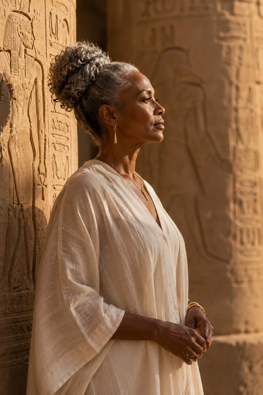 A woman in ivory linen in profile beside ancient temple carvings, reflecting on feminine sovereignty in Egypt.