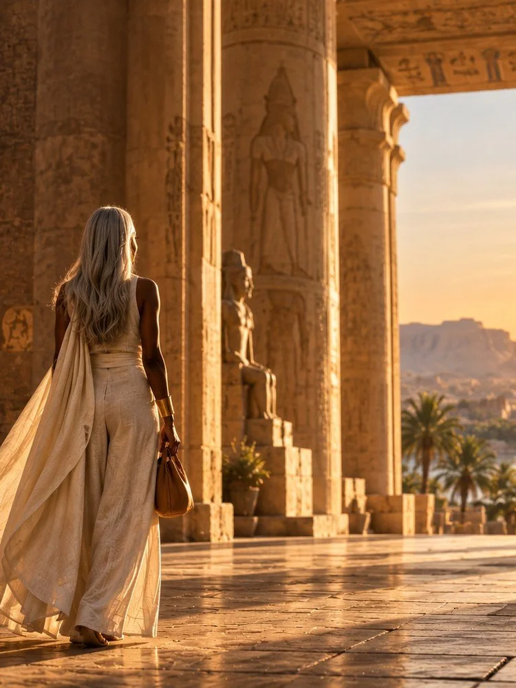 A woman in ivory linen walking through a sunlit Egyptian colonnade toward the Nile.