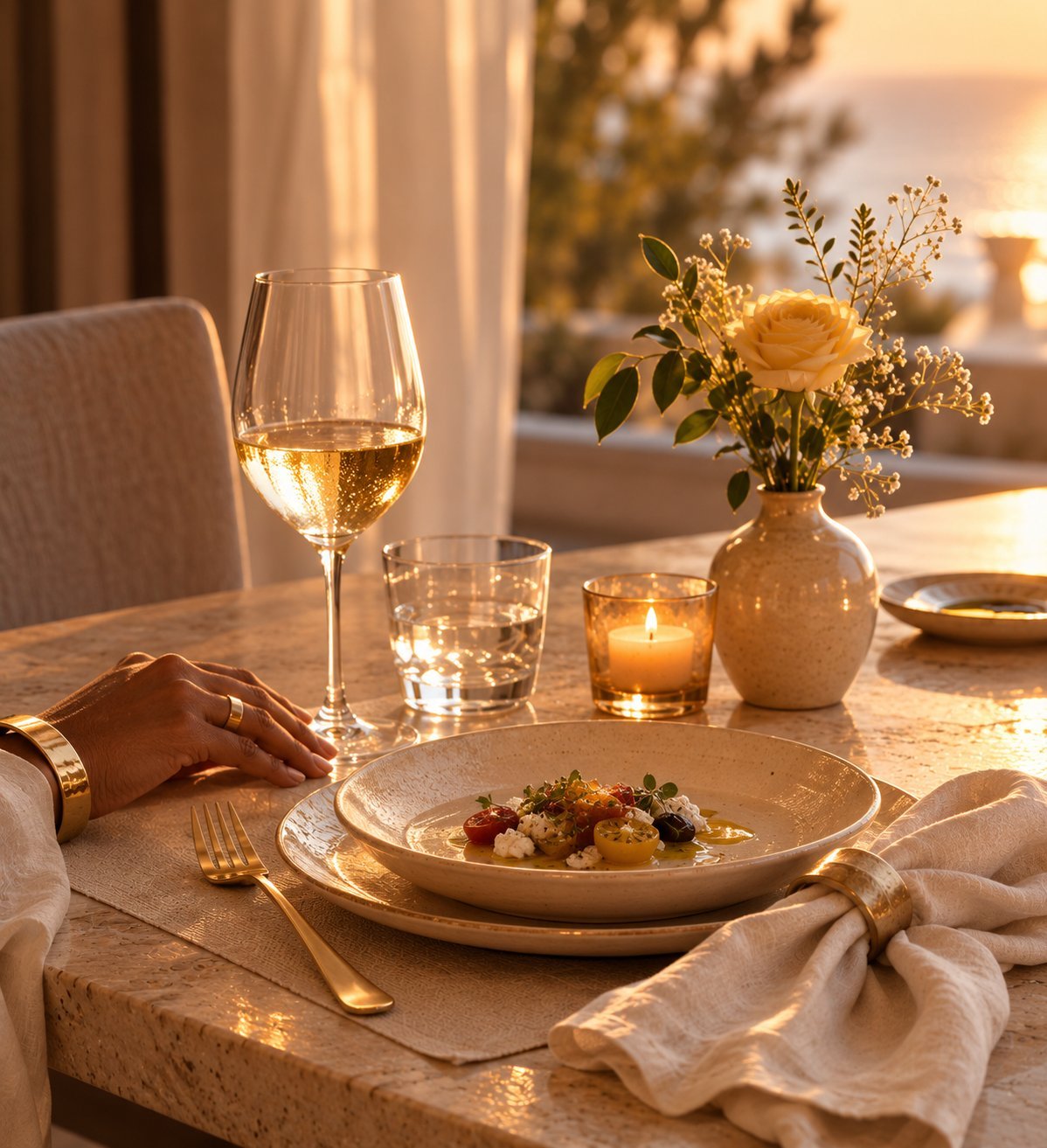 A beautifully set table for one, honouring an ordinary meal as a practice of living well.