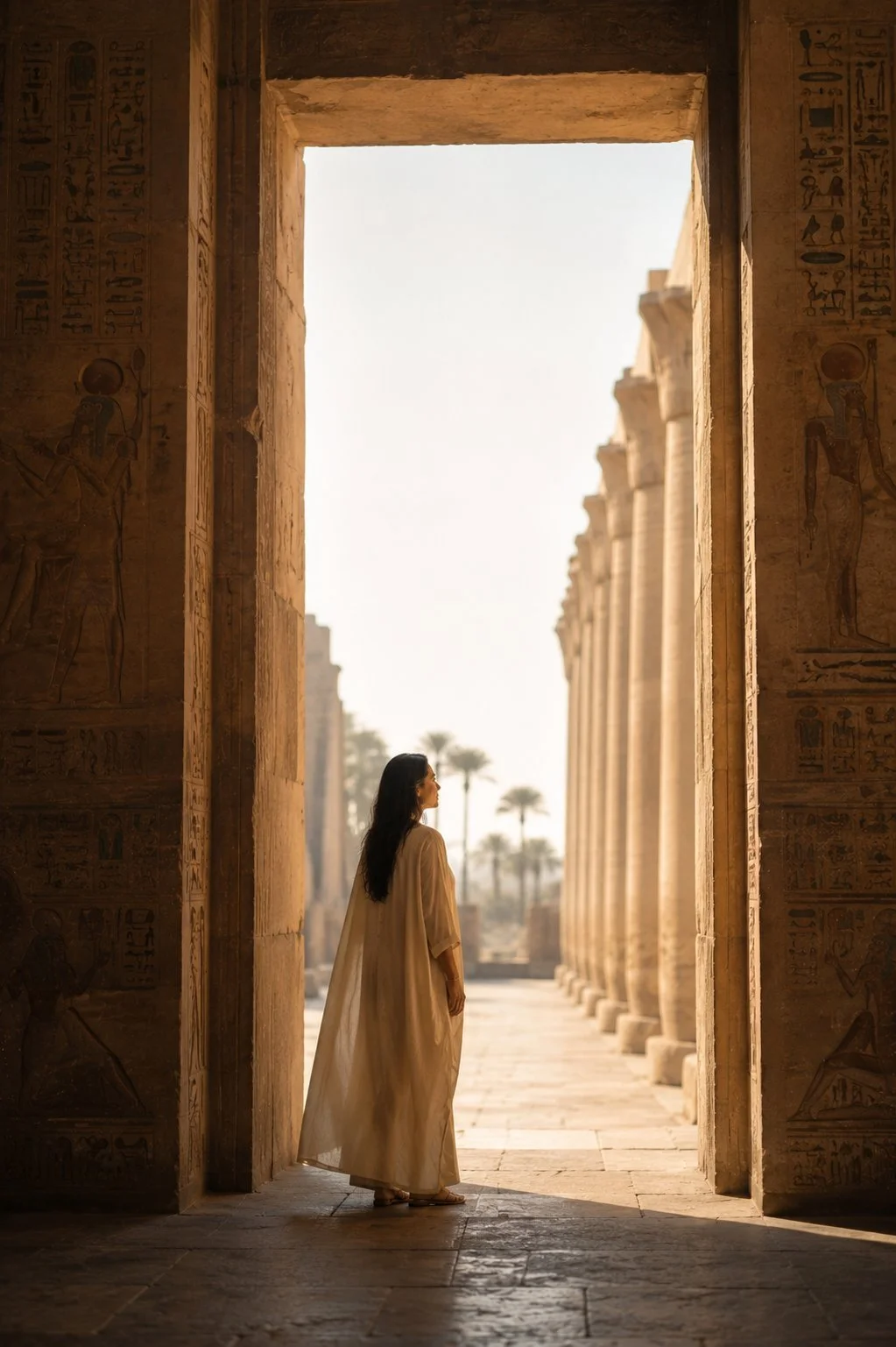 Woman walking through an ancient Egyptian doorway during a transformational journey.