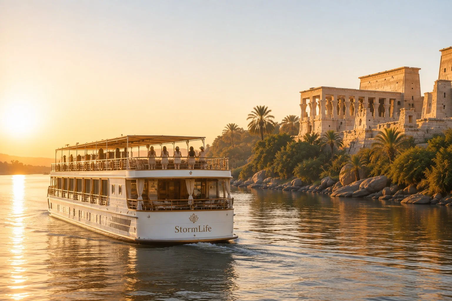 A luxury Nile cruise at golden hour on the StormLife Egypt immersion.
