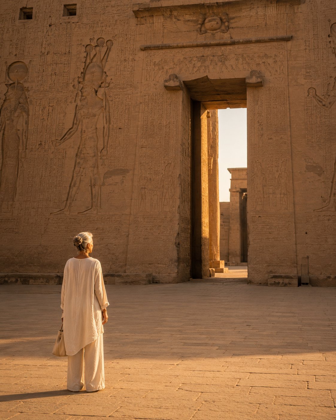 A woman before an ancient Egyptian temple doorway at golden hour.