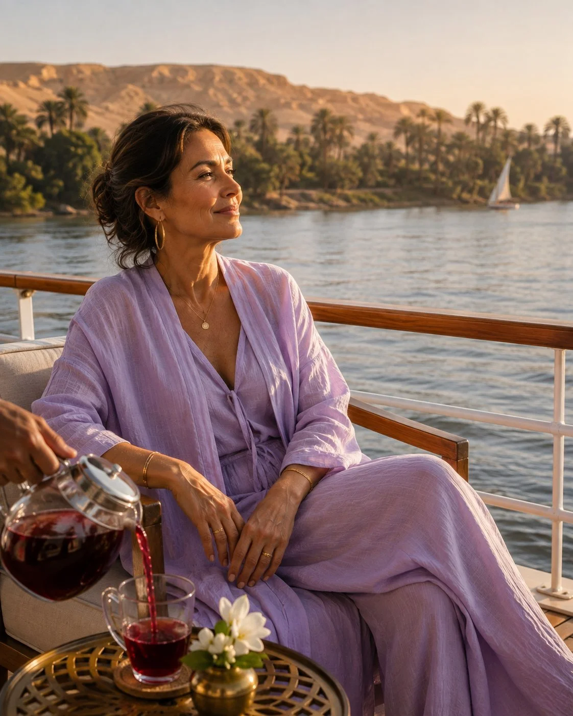 Woman receiving morning tea during a luxury transformational journey in Egypt.
