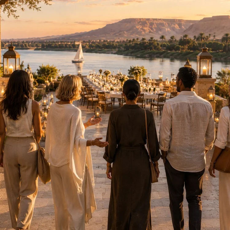 Guests walking out onto a terrace at sunset toward a long candlelit table above the Nile.