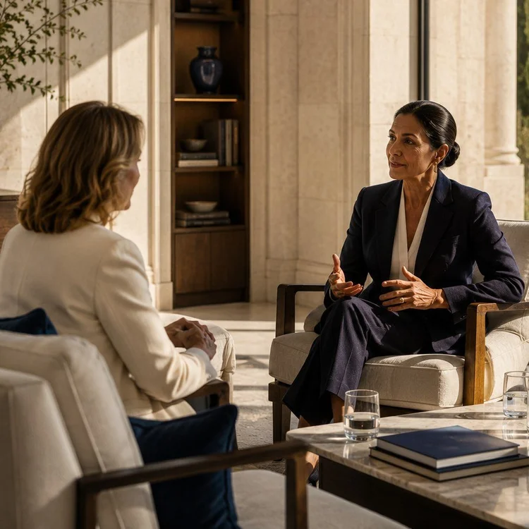 Two women seated in conversation in a private room above a lake, one speaking, one listening.