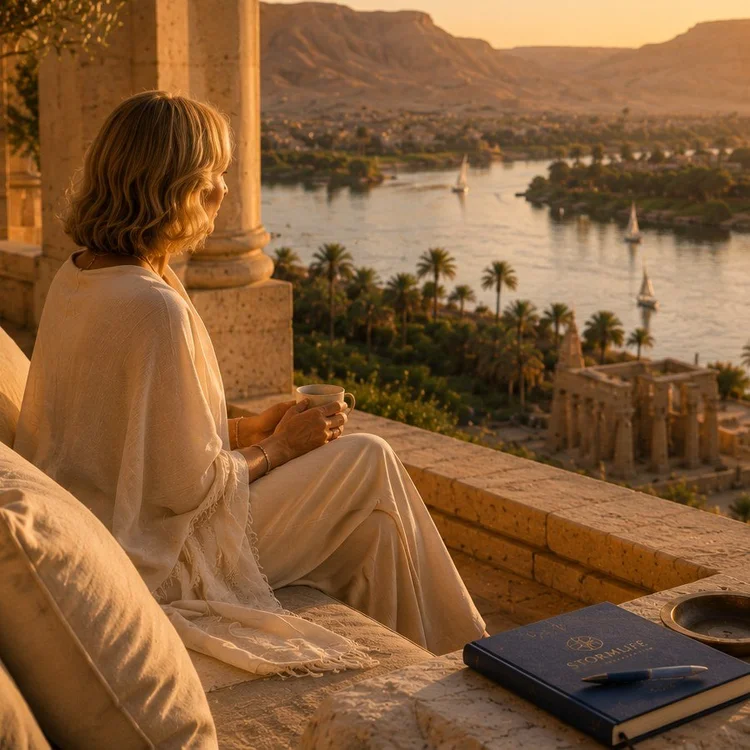 A woman sitting alone on a terrace at sunrise with a cup of tea, looking out over the valley.