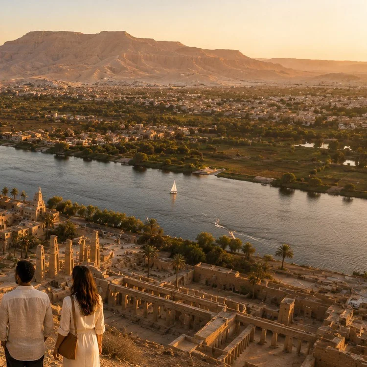 A small group standing on a hillside above the Nile, looking out over the valley, ruins and mountains at sunset.