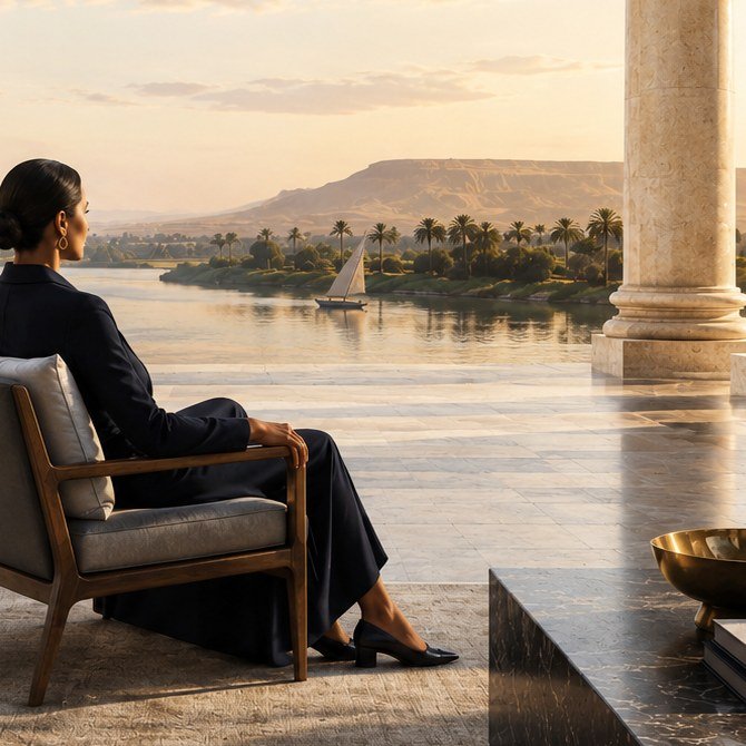 A woman seated in a colonnade above the Nile at first light.