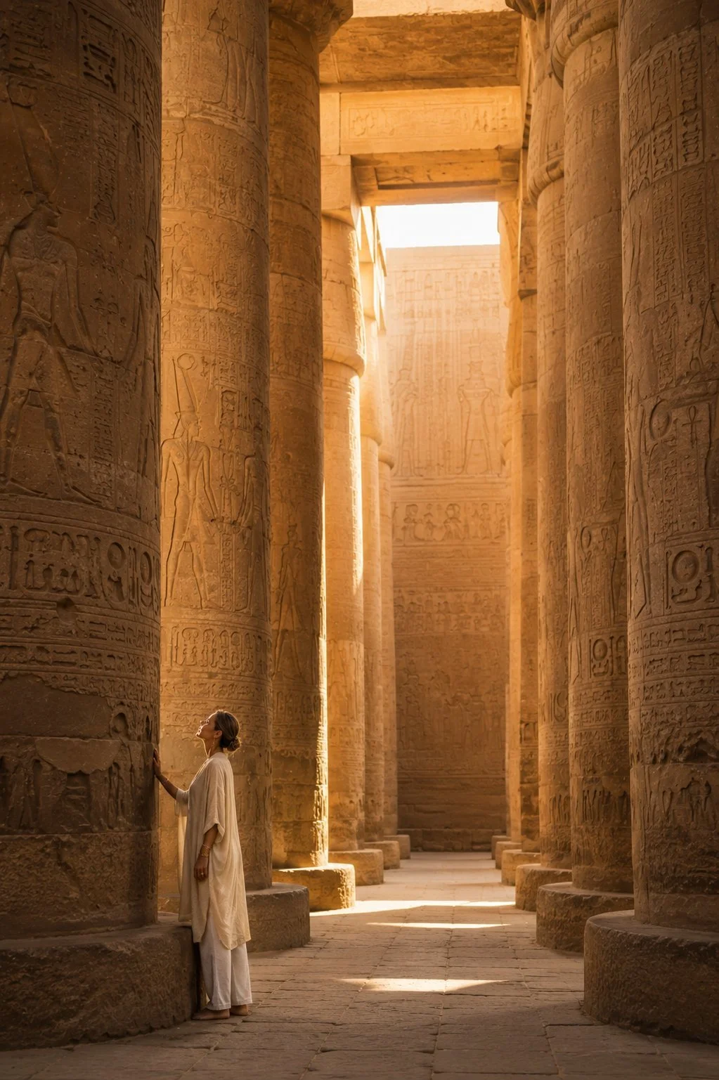 Woman experiencing an ancient Egyptian temple during an intentional journey.