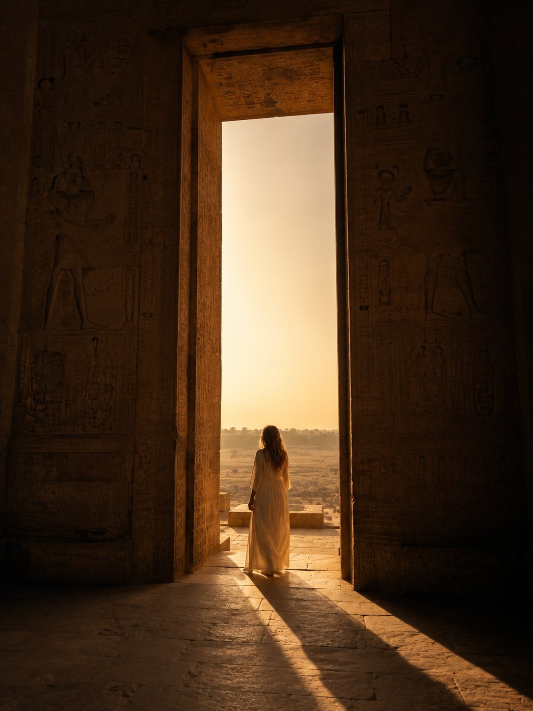 Woman standing beyond an ancient Egyptian threshold as a symbol of personal remembrance and homecoming.