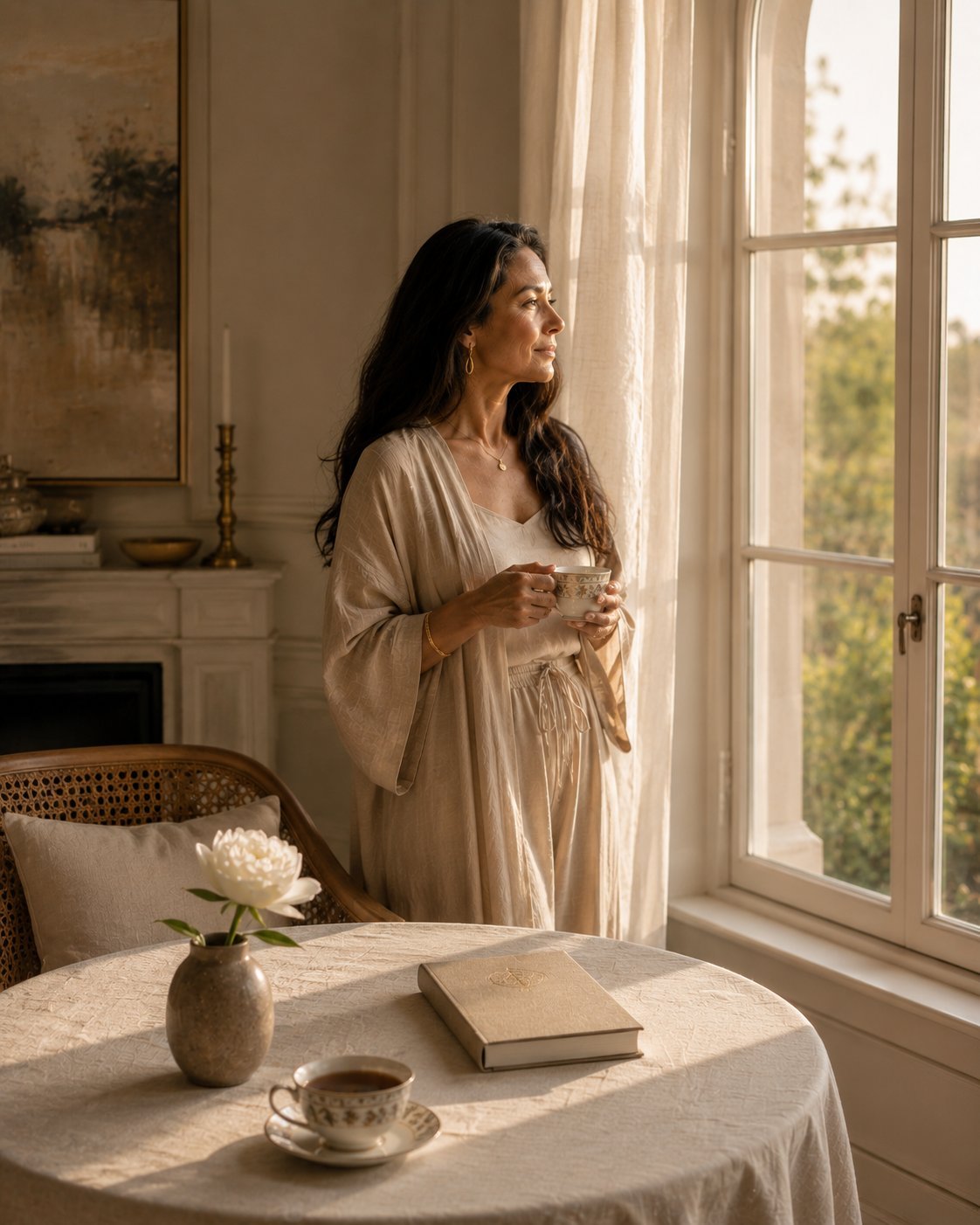 Mature woman reflecting quietly as a practice of feminine self-leadership.