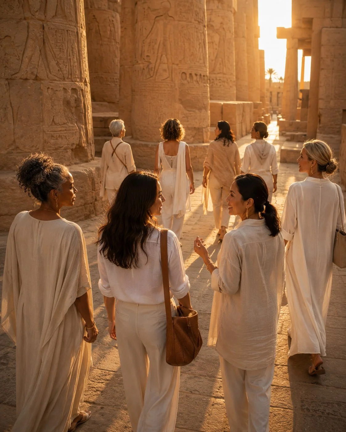 Eight women walking together through an ancient Egyptian temple during an intimate luxury Egypt immersion.