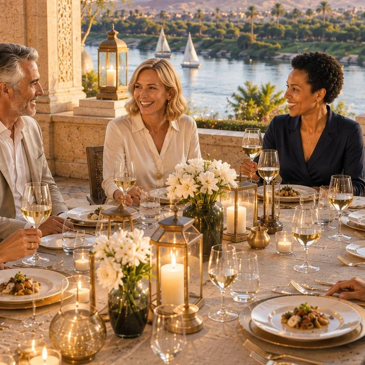 Guests talking and laughing around a candlelit dinner table overlooking the Nile.