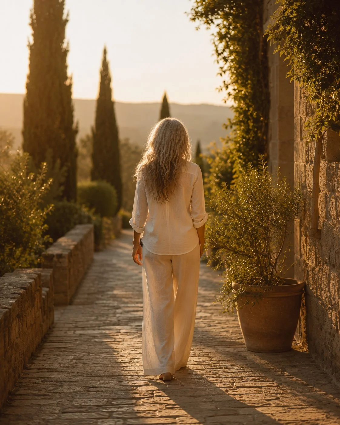 Mature woman walking forward at golden hour as a symbol of self-trust and personal growth.