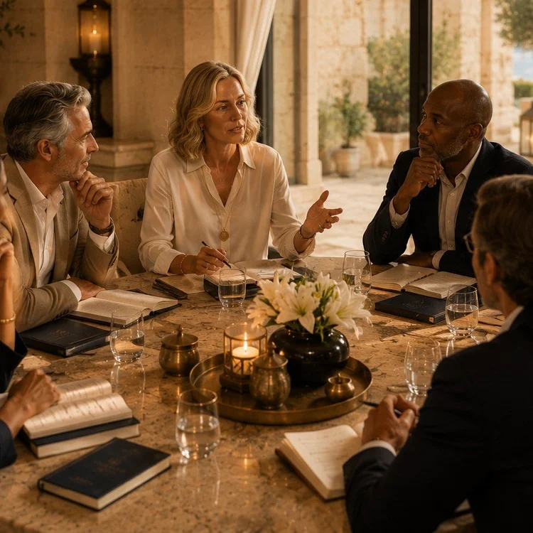 Six people seated around a round table, one speaking while the others listen.
