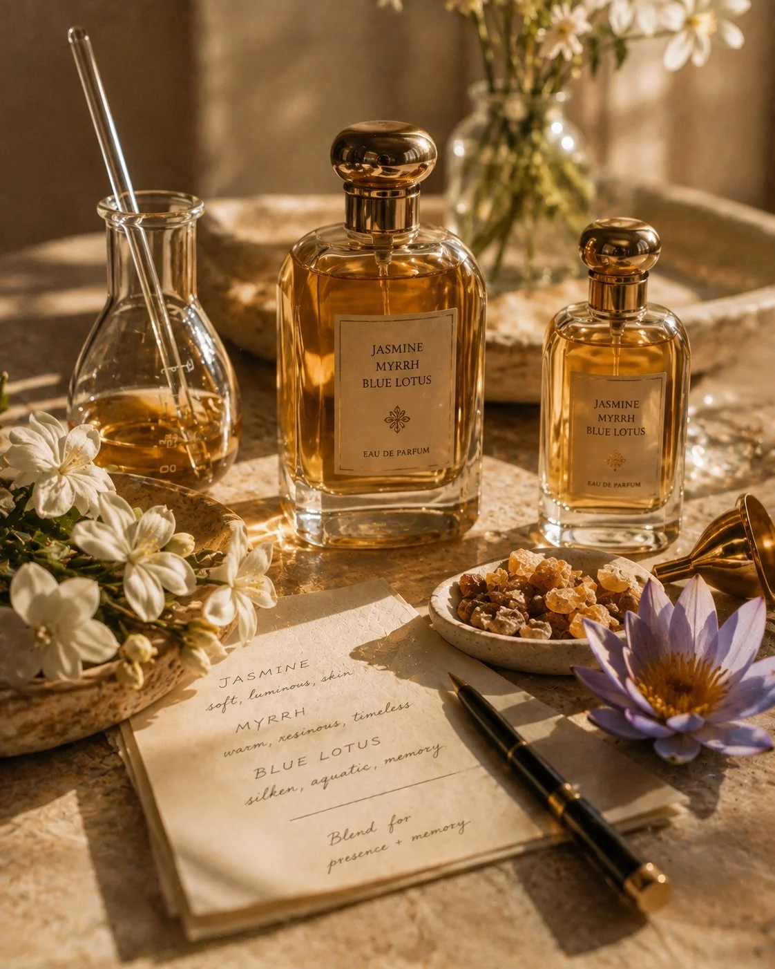 A perfume bottle among botanicals, evoking scent as a ritual of memory and presence.