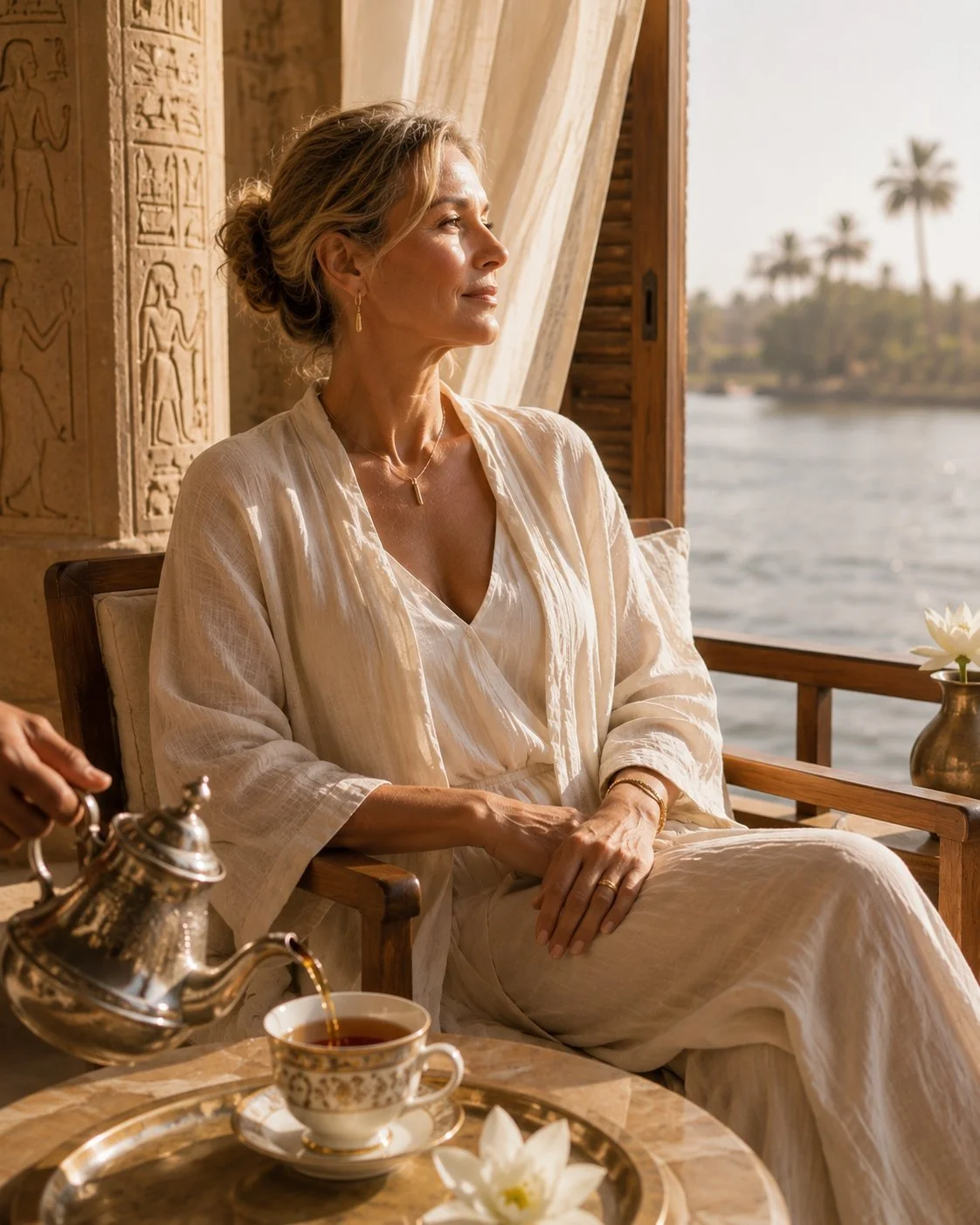 A woman receiving morning tea on the deck of a luxury Nile cruise in Egypt.
