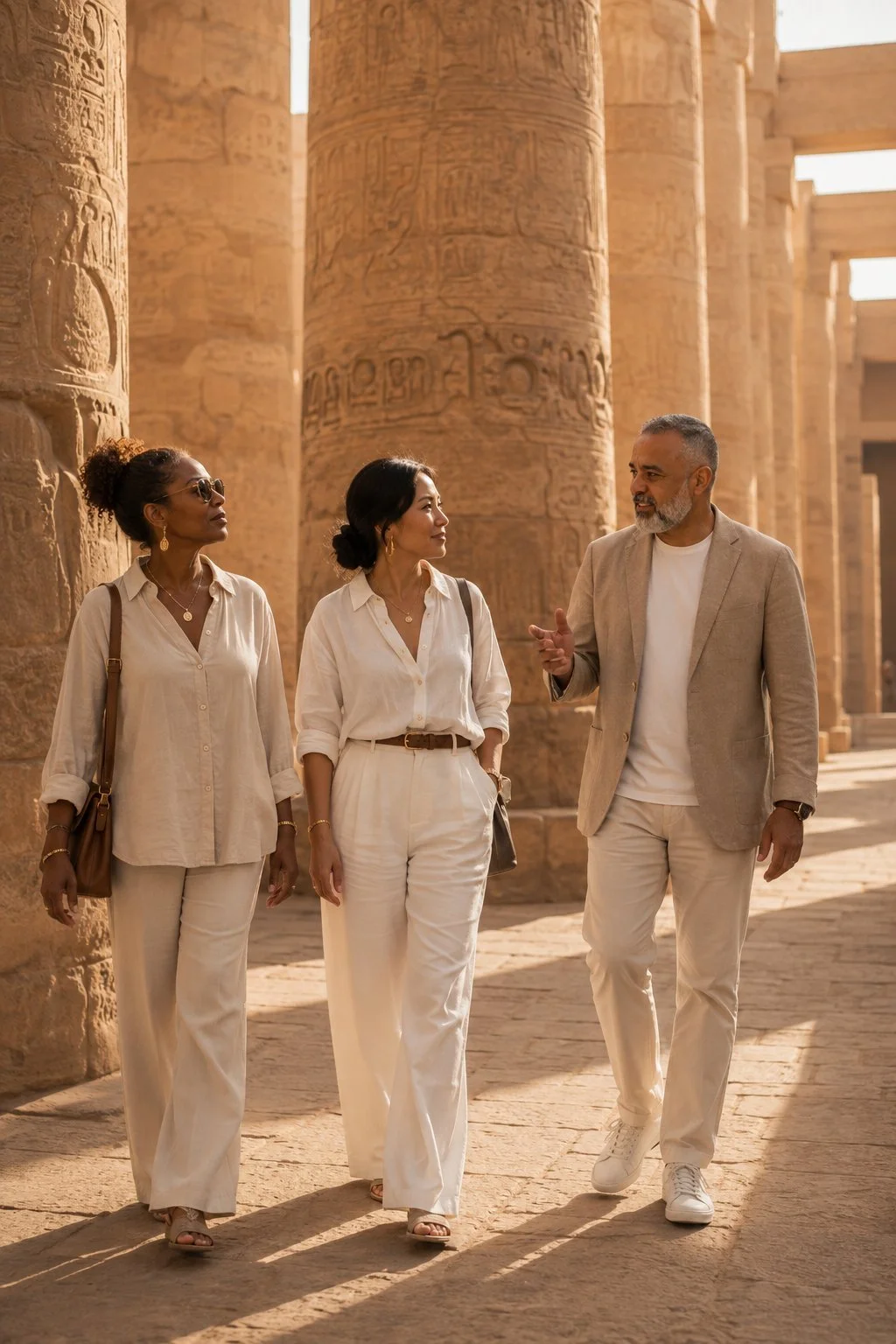 Two women exploring an ancient Egyptian temple with a private Egyptologist during an intimate Egypt journey.