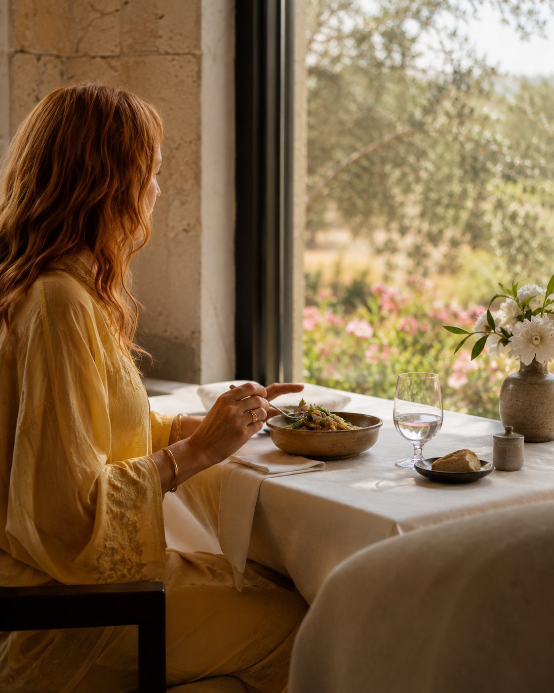 Mature woman enjoying a quiet meal alone as an expression of self-presence and wholeness.