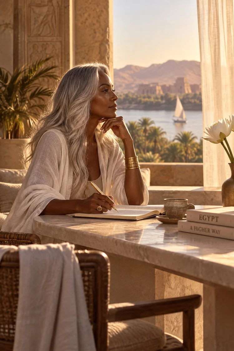A woman seated alone at a stone table above the Nile in late afternoon light, a pen resting in her hand over an open journal, looking out toward the water.