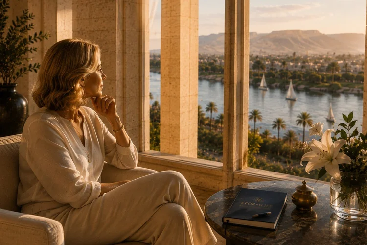 A woman seated at a window above the Nile, looking out across the water.