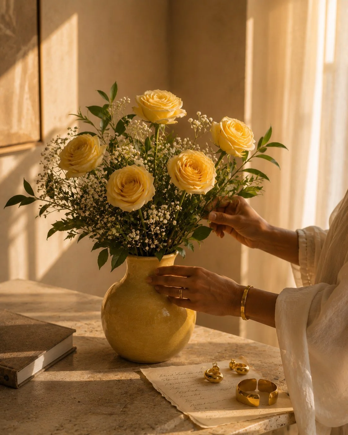 A woman arranging fresh flowers at home as an act of everyday self-devotion.