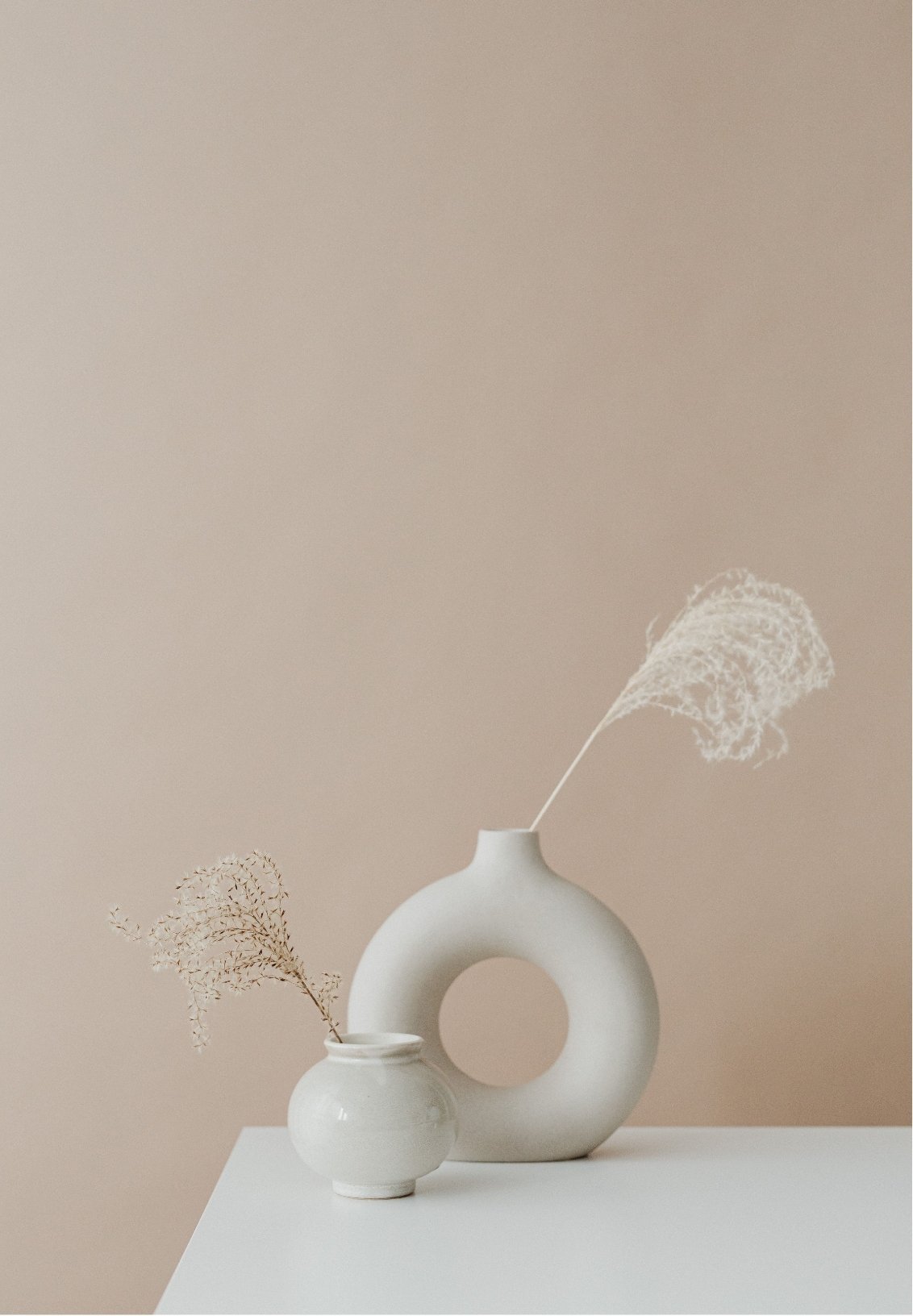 Minimalist beige background with two white ceramic vases holding dried plants on a white table.