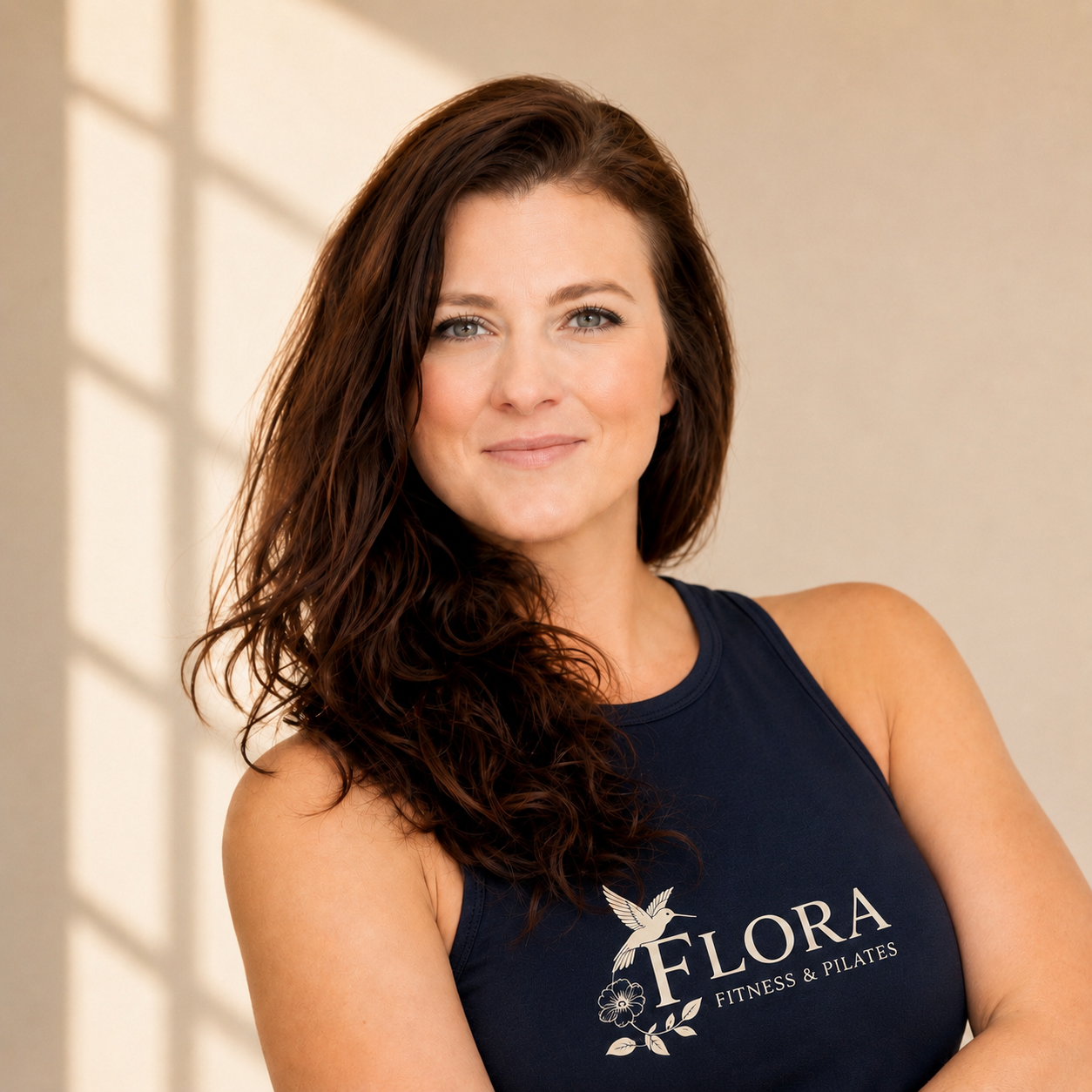 A woman with long, wavy brown hair and blue eyes smiling, wearing a navy workout top with 'FLORA FITNESS & PILATES' logo, standing indoors with soft lighting and a neutral background.