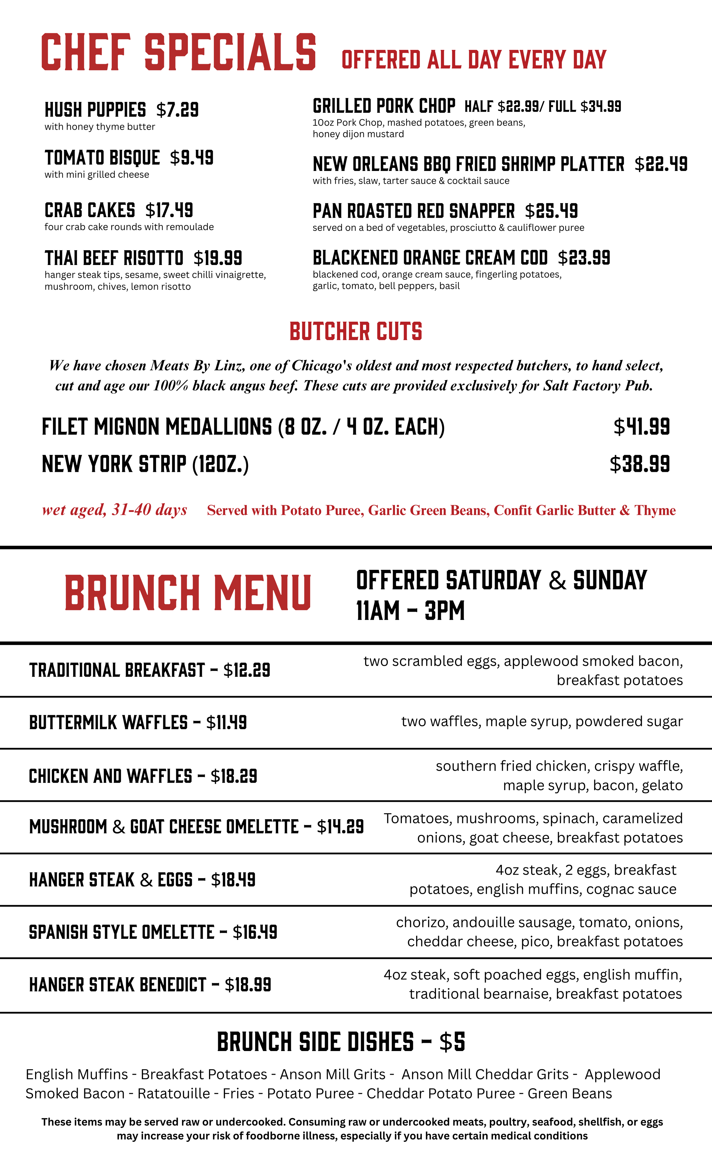 Menu of Chef Specials and Brunch Menu items, including various dishes and prices, with additional notes on ingredients and serving details.