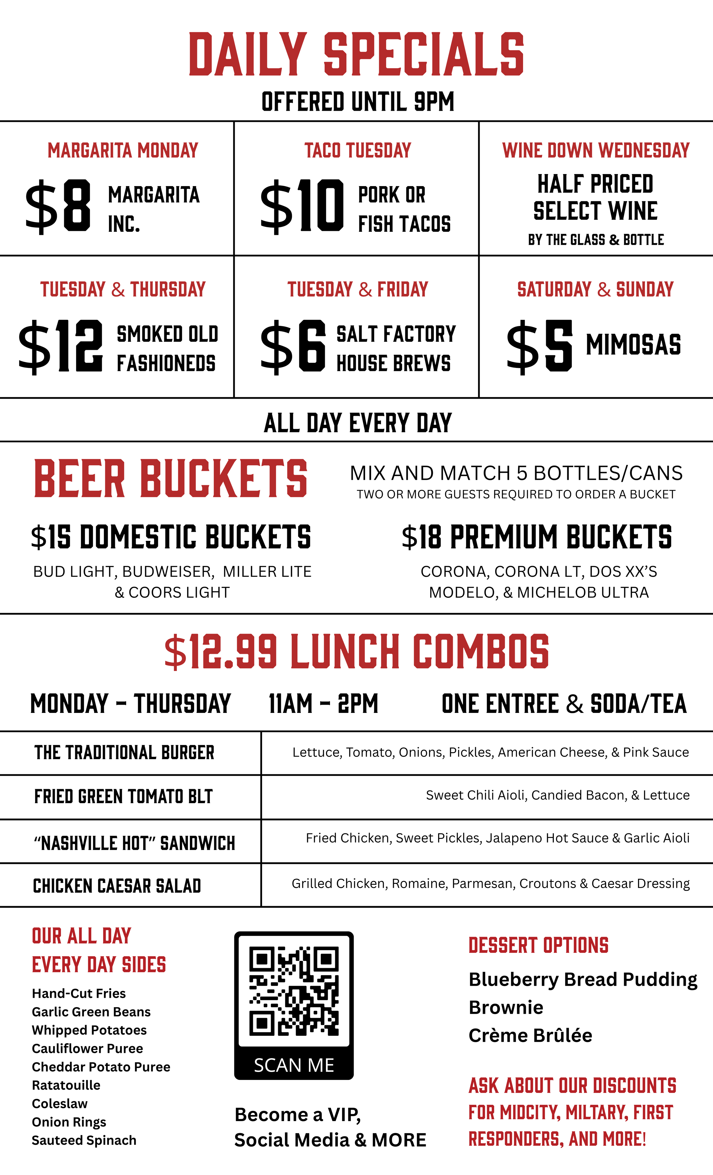 A restaurant daily specials menu showing discounted food and drink items, lunch combos, sides, and dessert options with a QR code for more info.