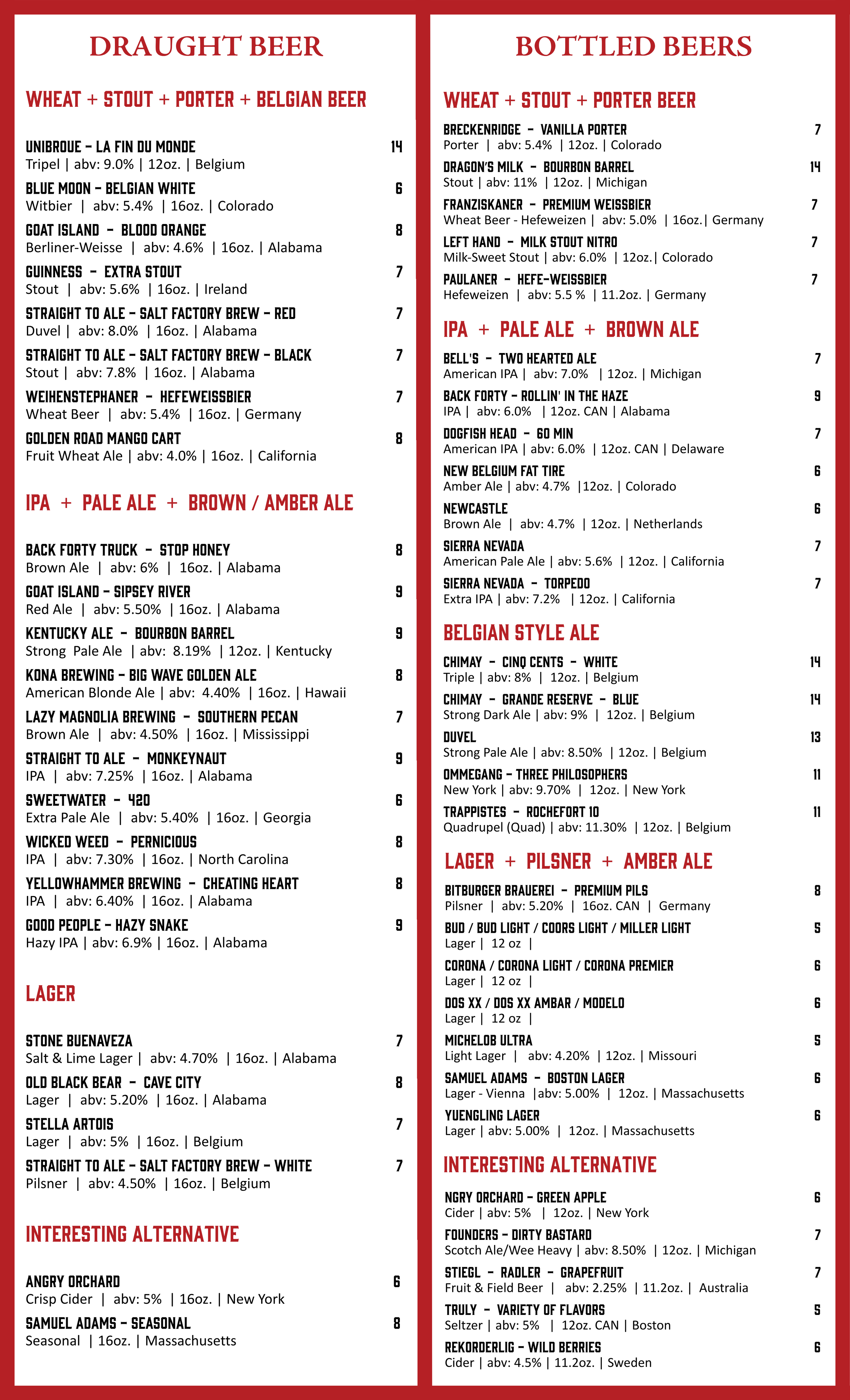 A menu featuring various types of draught and bottled beers, with sections for IPA, pale ale, brown ale, amber ale, lager, pilsner, and amber ale, including beer names, descriptions, alcohol content, bottle sizes, and prices.